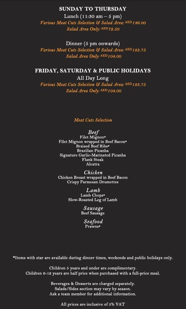 Texas De Brazil resturant menu