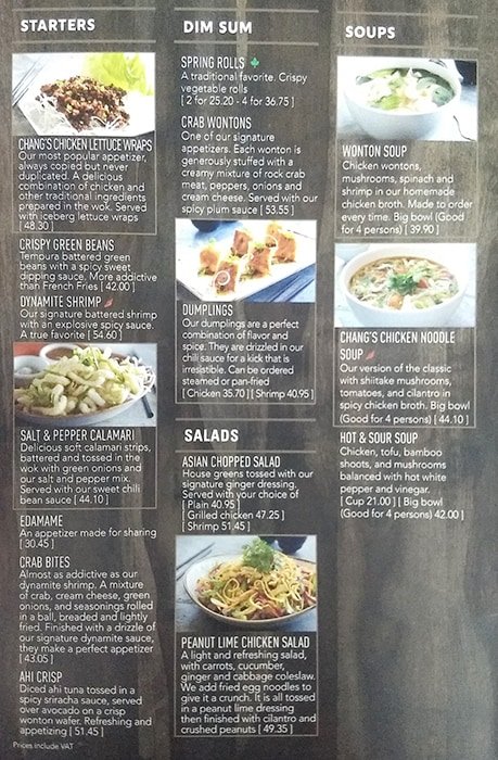 PF Changs resturant menu