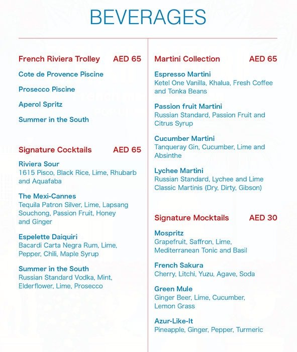 French Riviera resturant menu