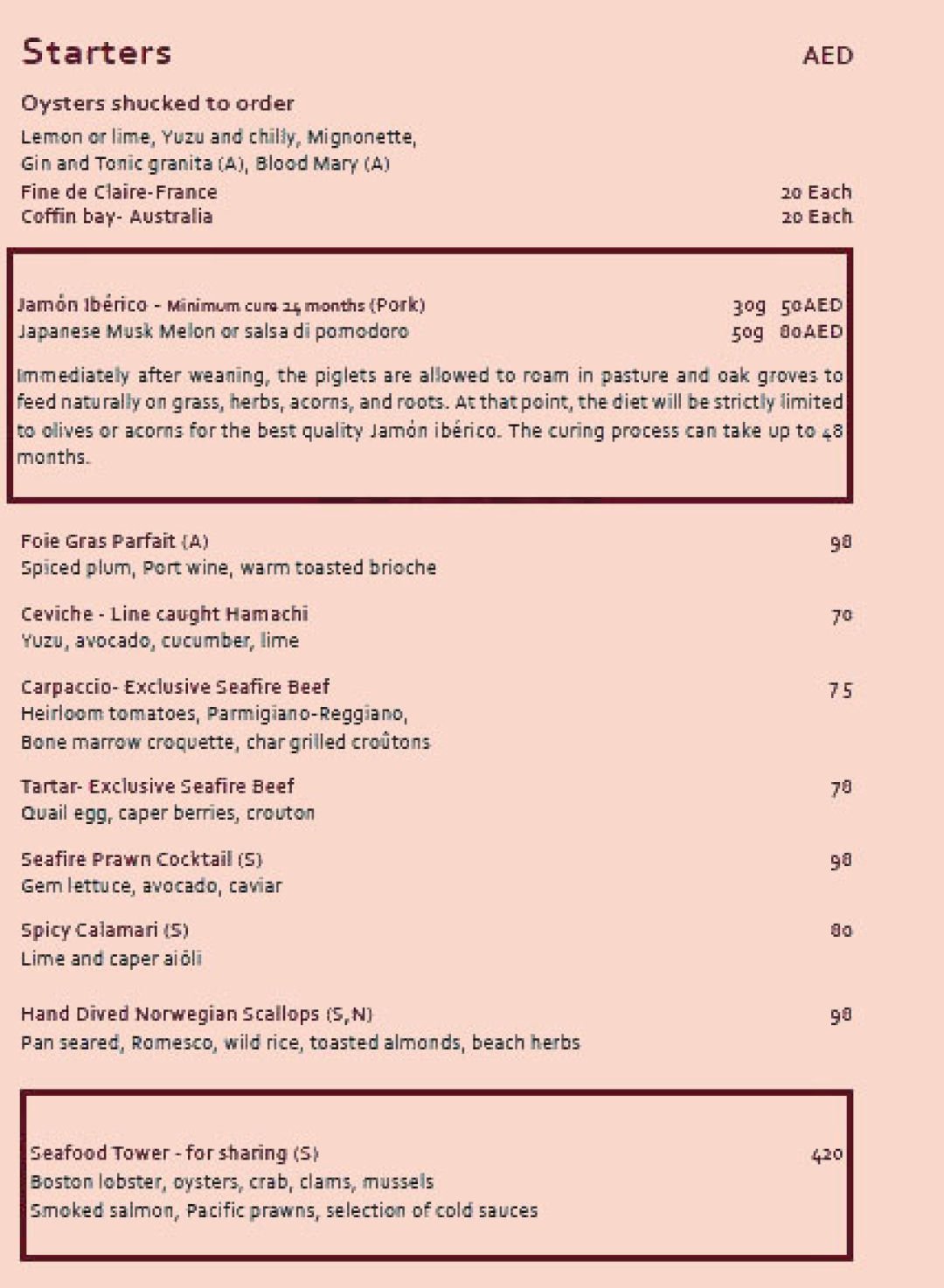Seafire Steakhouse resturant menu