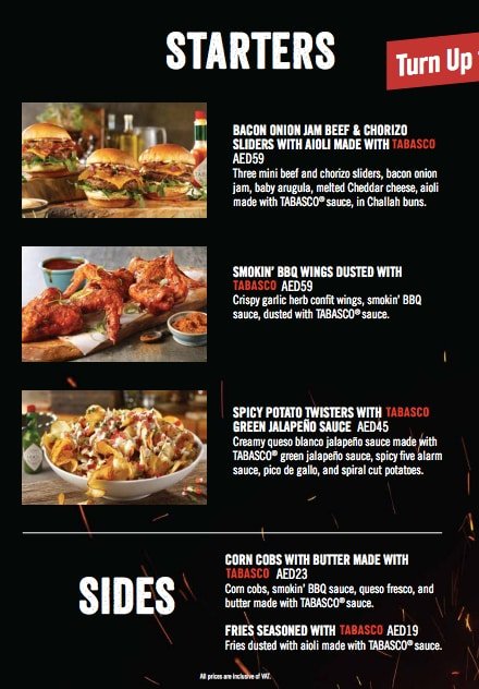 TGI Fridays resturant menu