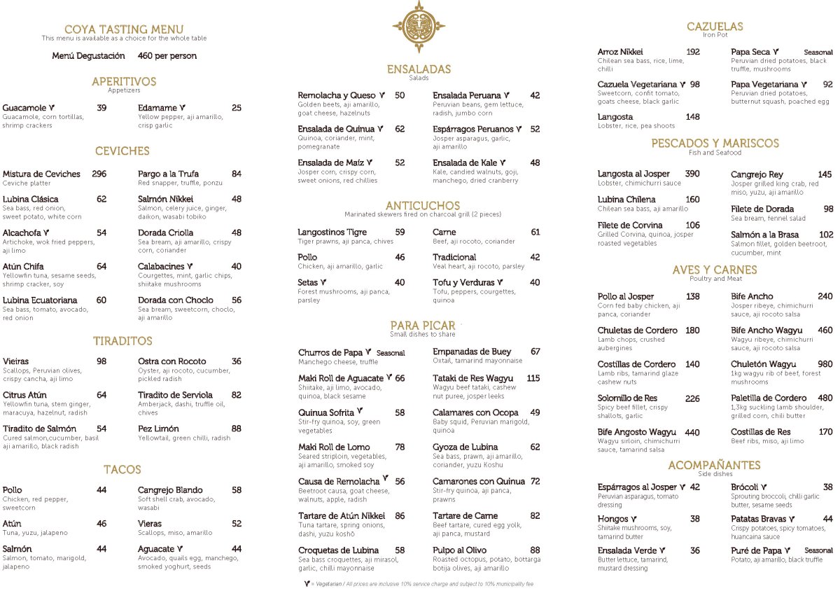 COYA Dubai resturant menu