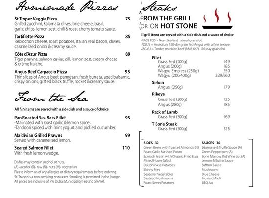 St Tropez Bistro resturant menu