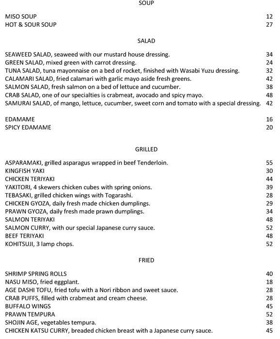 Samurai Sushi And Grill Restaurant Menu