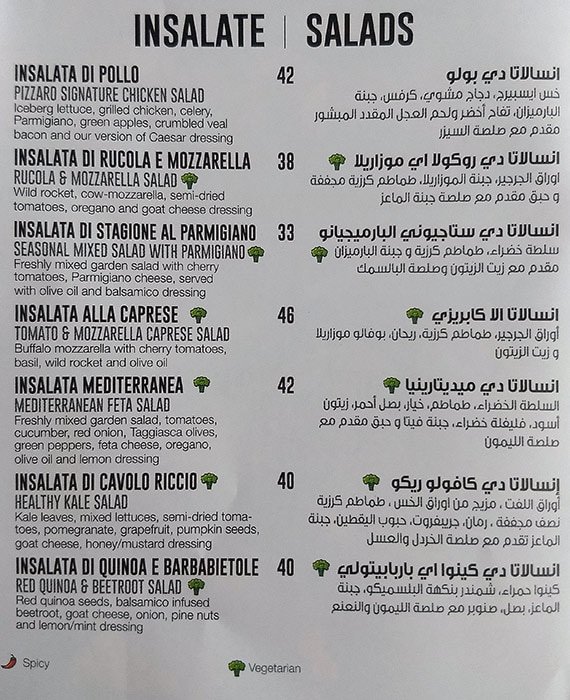 Pizzaro Menu