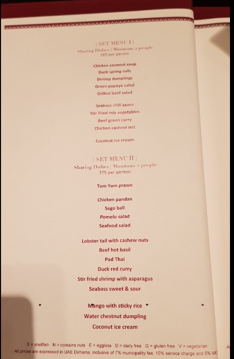 The Thai Kitchen, Park Hyatt Dubai menu 
