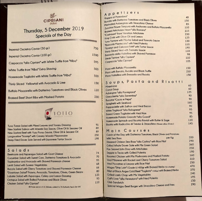Cipriani Dubai Menu