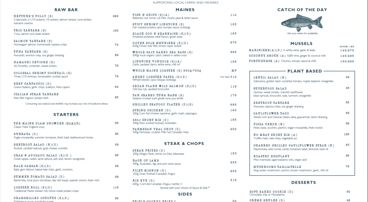 The MAINE Oyster Bar & Grill, JBR menu
