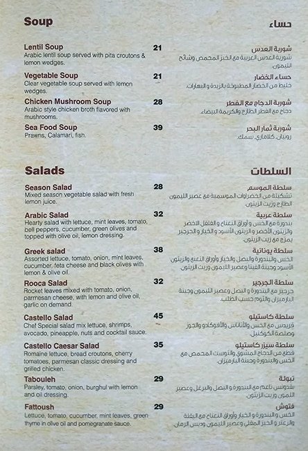 Castello Restaurant Menu