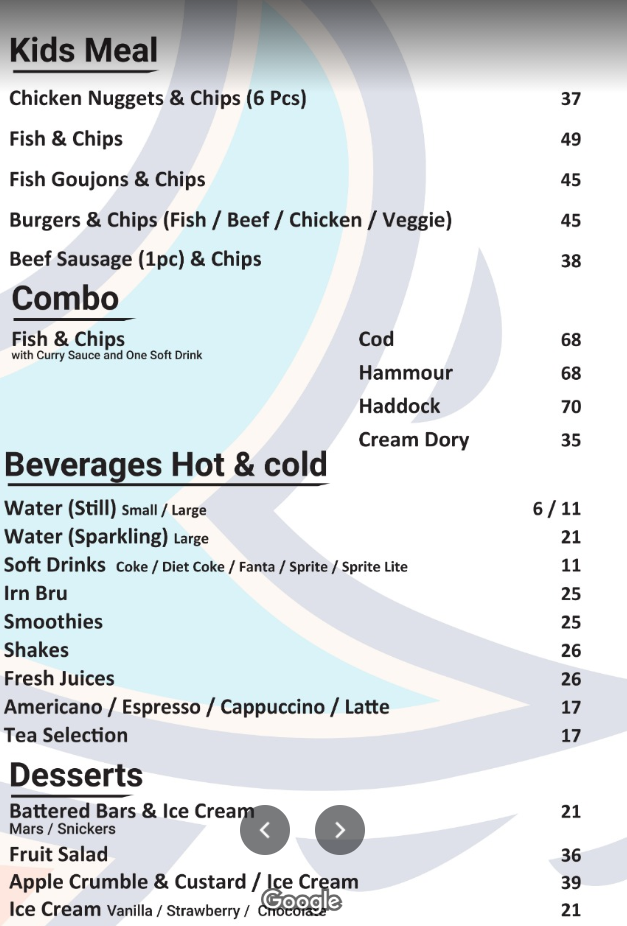 Bob's Fish & Chips menu