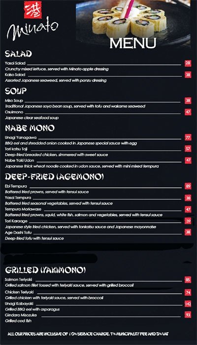 Minato resturant menu
