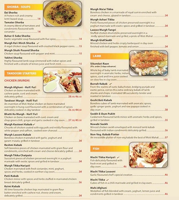 Moti Mahal Menu