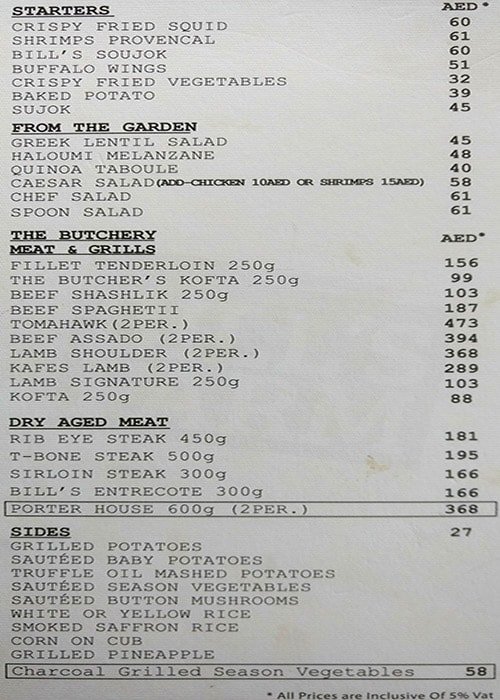مطعم منيو Bills Farm ابوظبي