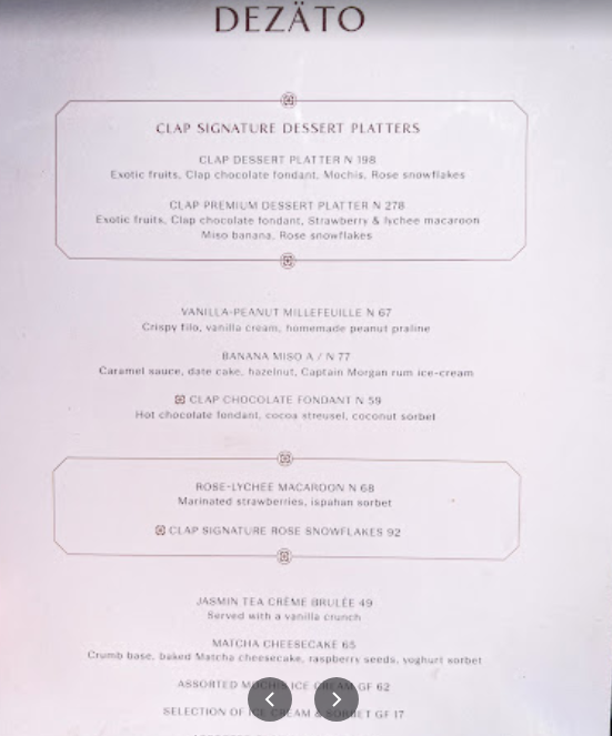 Clap Dubai menu
