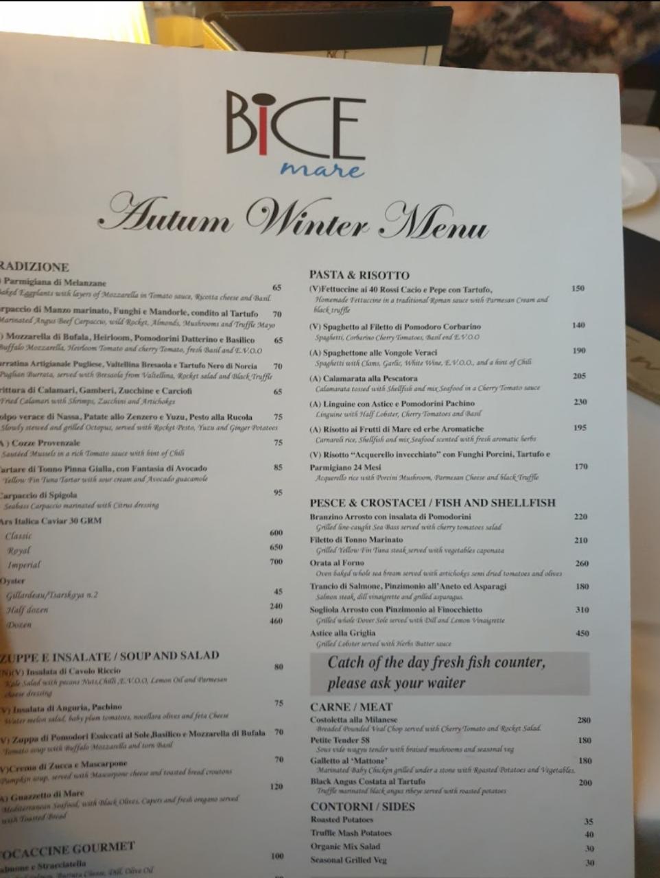 Bice Mare Restaurant menu