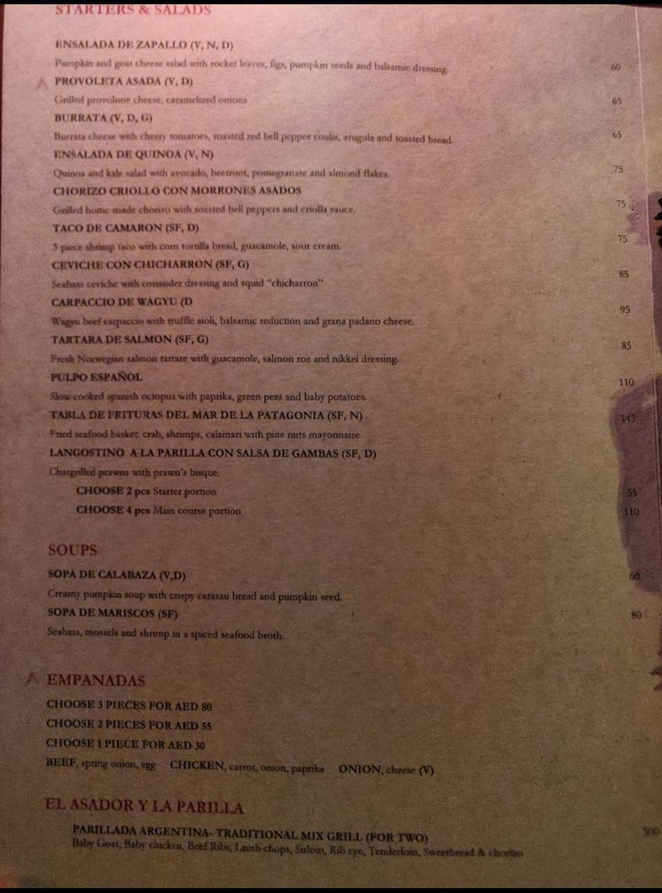 Asado Restaurant menu