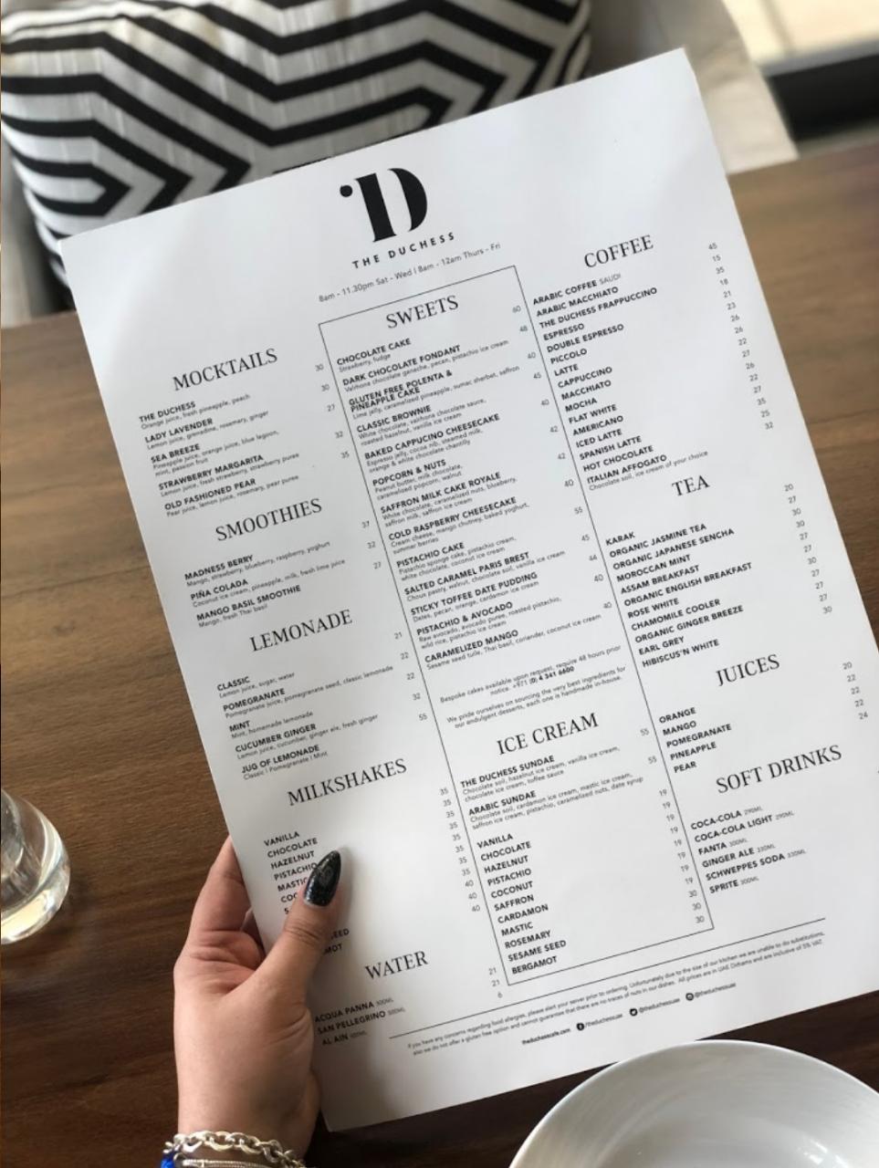The Duchess resturant menu