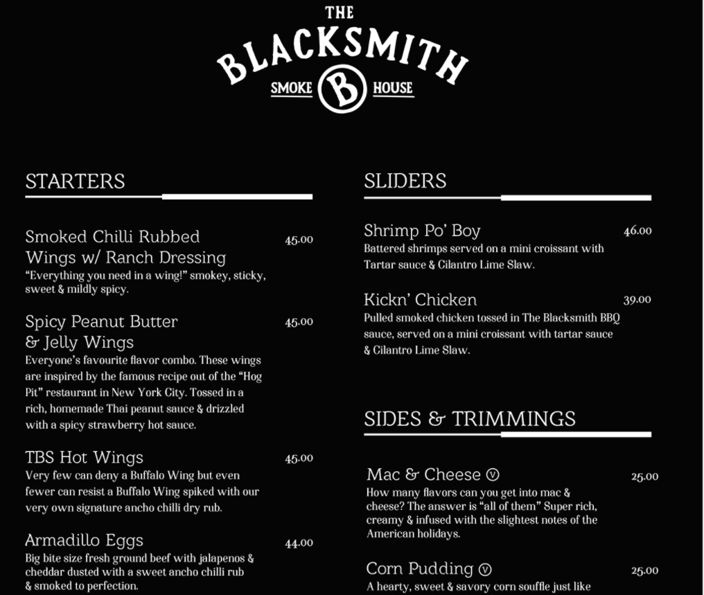 The Blacksmith Dubai menu